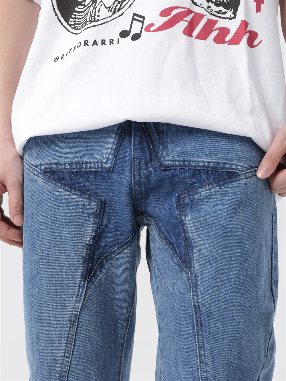 Men's fashion street hip-hop design sense pentagram personality stitching washed jeans side zipper straight trousers