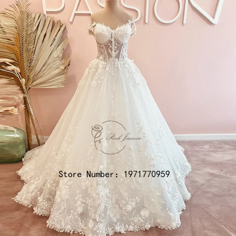 

Luxury Off The Shoulder Wedding Dresses For Women Princess Applique Elegant Lace Sweep Train Bridal Gowns With Soft Tulle 2023