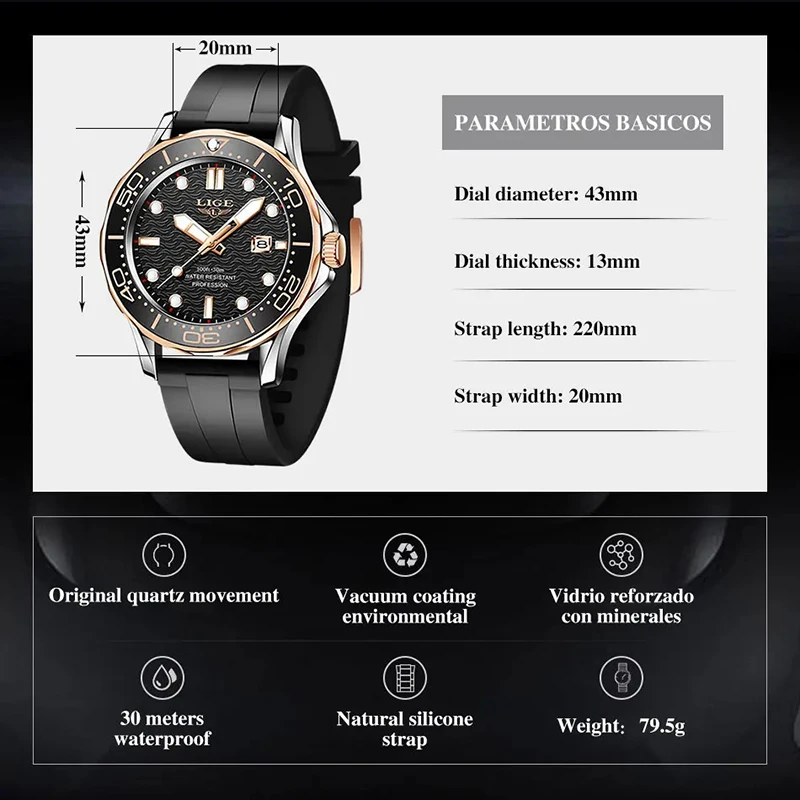 Мужские кварцевые спортивные часы LIGE