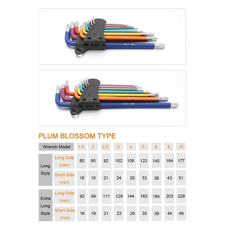 9Pcs Color Coded Ball-End Hex Allen Key 1.5mm-10mm L Wrench Set Torque Long Metric With Sleeve Hand Tools Bicycle Accessories |