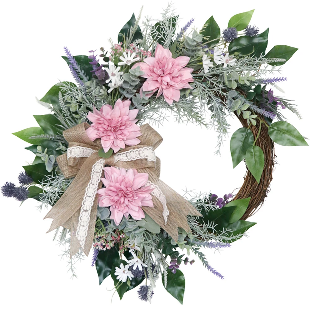 

Summer Door Wreath, Artificial Spring Green Leaves Wreaths Pink Dahlia & Lavender For Farmhouse Wedding Party Wall Decor