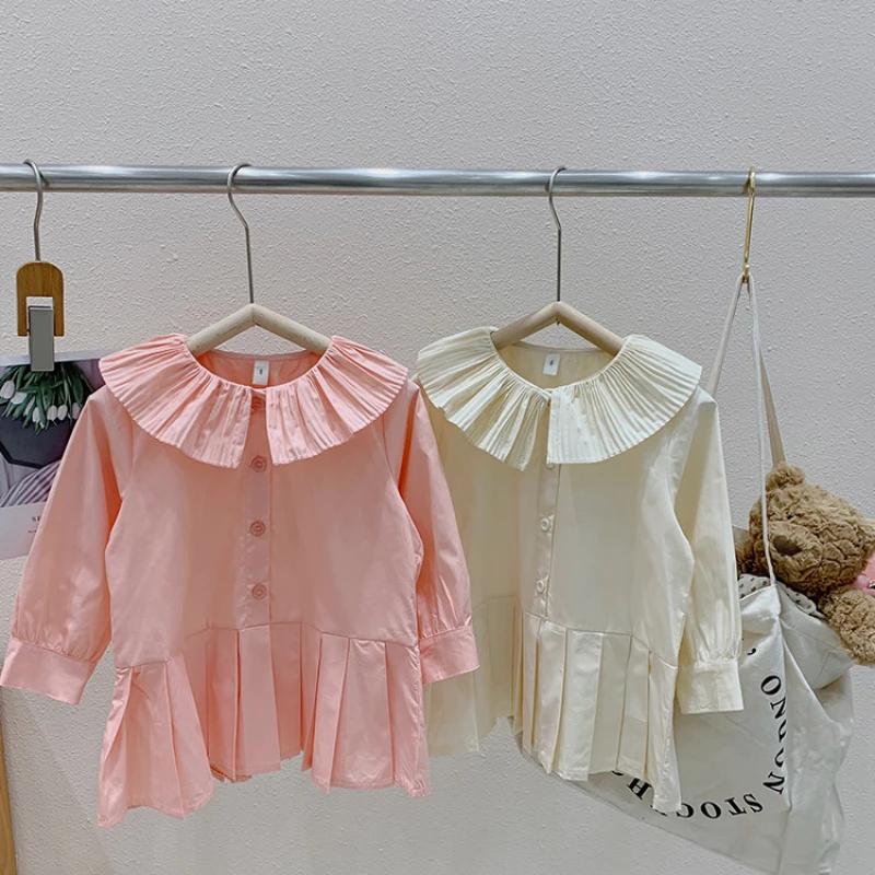 

Children Clothing 2023 New Fashionable Spring Autumn Girls Shirt Dress Knee Length Baby Girl Casual Simple Solid Shirt Dress