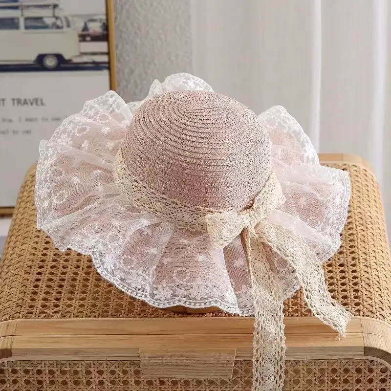 

Summer Western Style Big Brim Lace Bucket Hat Baby Girl's Sun Hat Girls' Hat Children's Sun-Proof Beach Cap