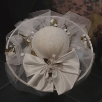 white lace bridal top hat bow sen department dome oversized brim lady temperament french retro elegant classic hat novia