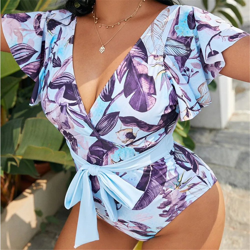 

Swimwear Women 2022 Ruffled One-piece V-neck Printed Bikini Lace-Up Swimsuits Women Summer Brazilian Beachwear