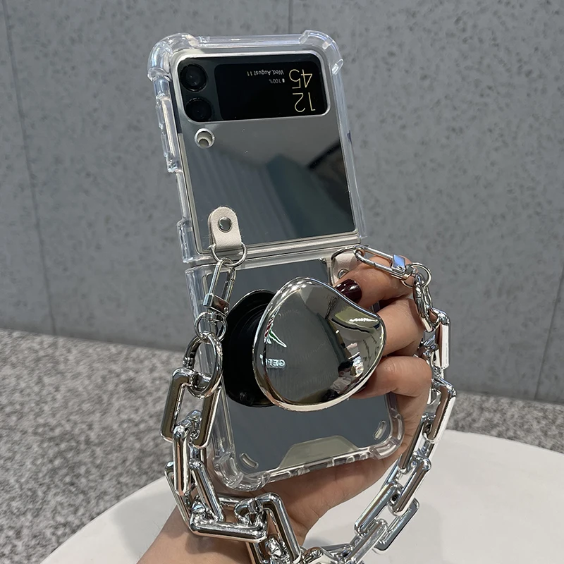 

Чехол для Samsung Galaxy ZFlip3, зеркальный отражающий стереоскопический чехол с сердцем и серебряной пряжкой для Z Flip 3 Samsung F7110