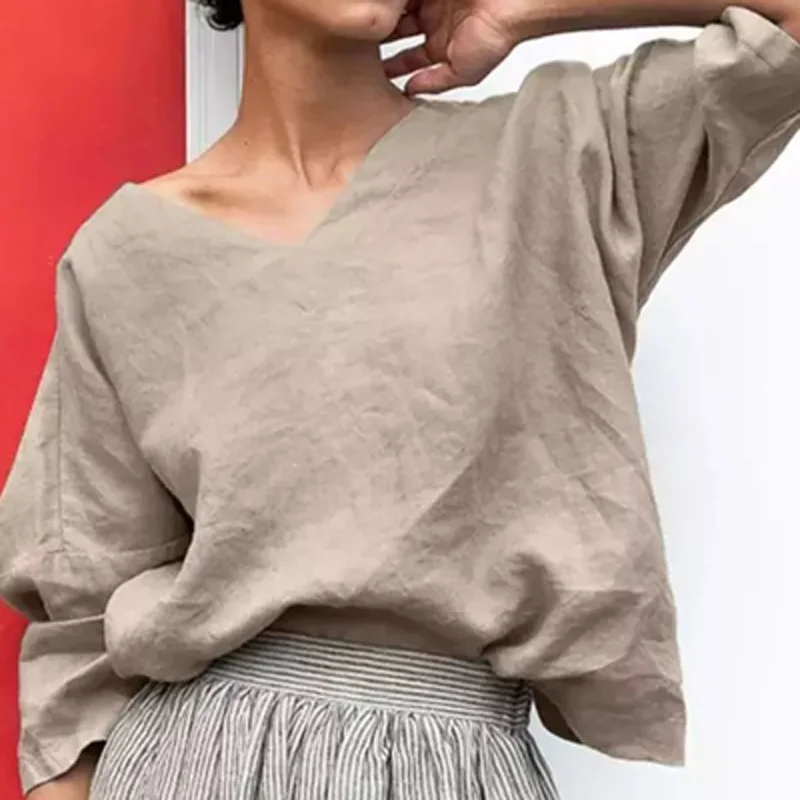 

Повседневные Простые футболки из хлопка и льна, женские модные однотонные свободные пуловеры, Весенняя женская элегантная Универсальная ф...