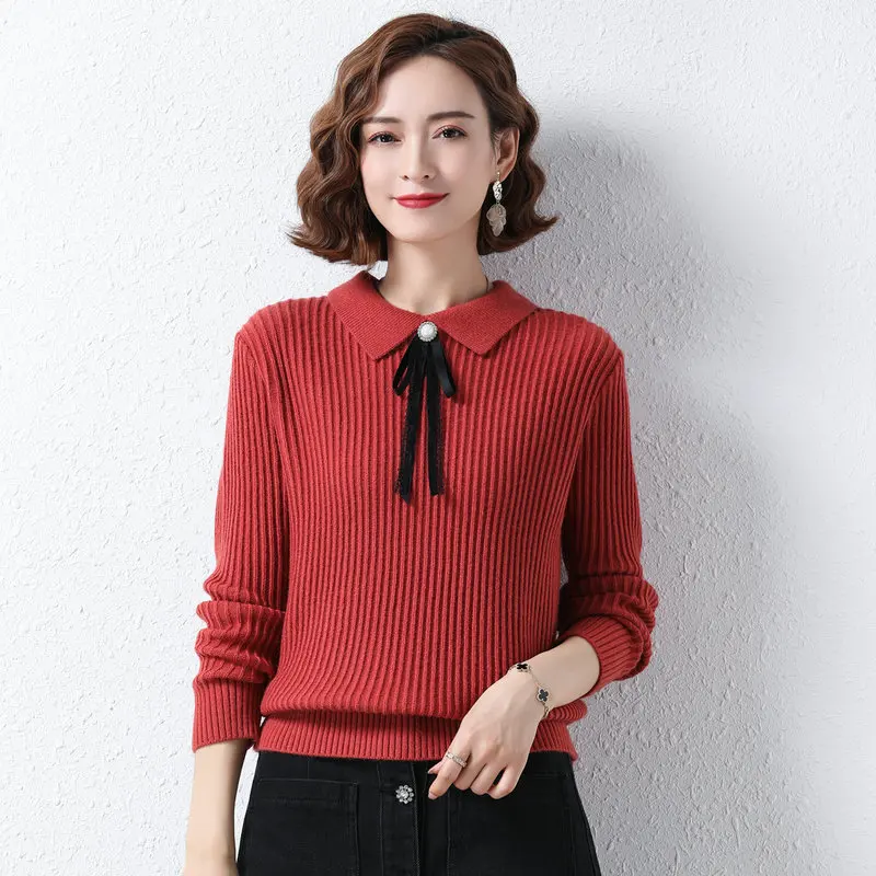 

Women Chic Classy Pullover Sweaters Red Black Yellow Camel Turn Down Collar With Bowknot Design Knitwear Ladies Soft Comfort Top