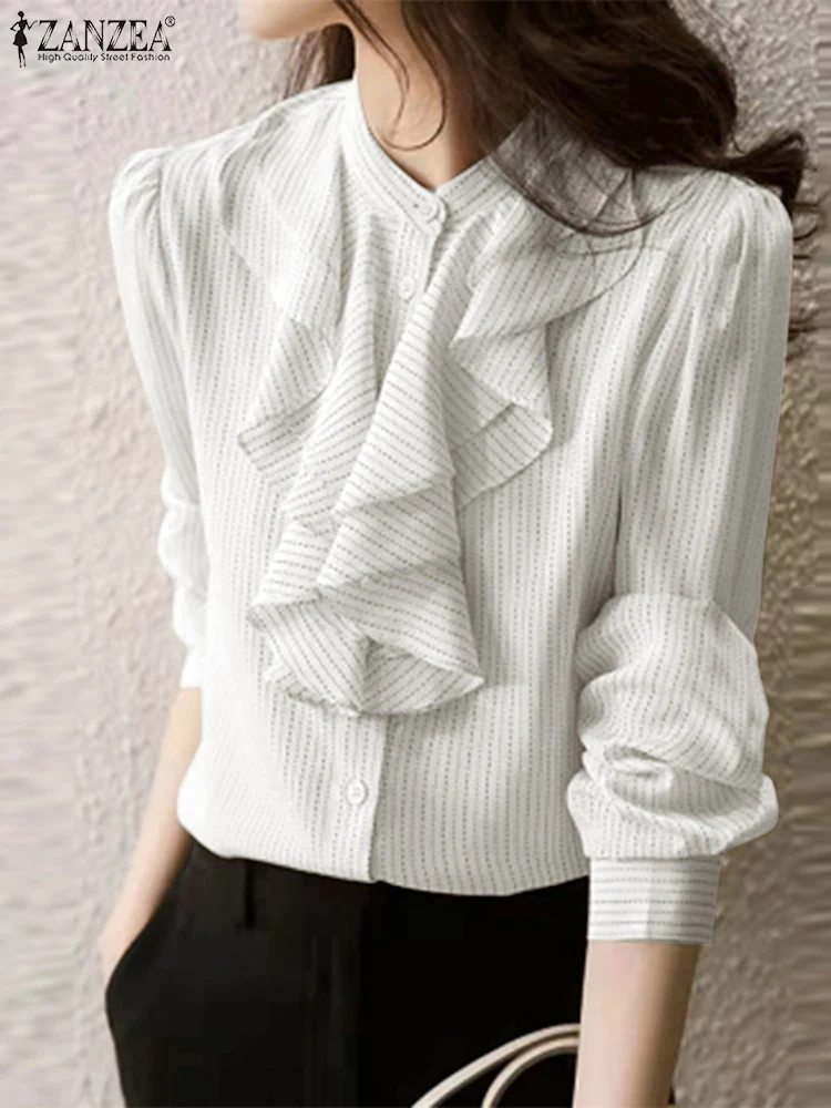 

Holiday Loose Solid Female Tops 2022 ZANZEA Women Spring Long Sleeve Blouse O-Neck Stripe Printed Button Cuffs Ruffles Chemise