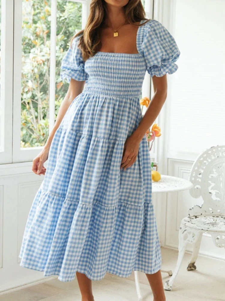 

HOUZHOU Women's Plaid Square Collar Puff Sleeve Midi Dress Summer Boho Elegant Backless Pleated Sweet Cute Casaul Long Dress