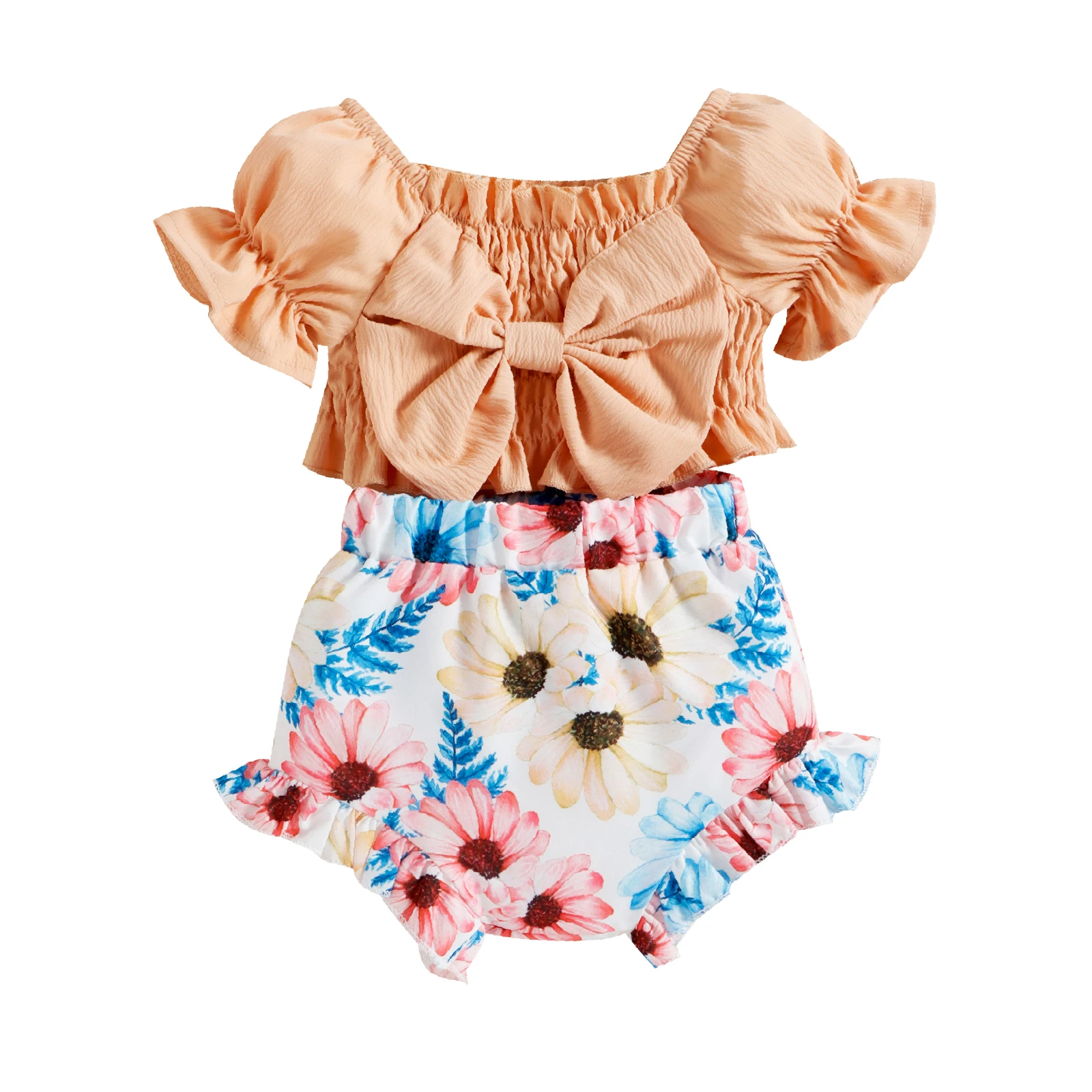 

Baby Girl's Two-Piece Suit, Puff Short Sleeve Pleated Bowknot Crop Tops + Flower Print Ruffle Trim Shorts
