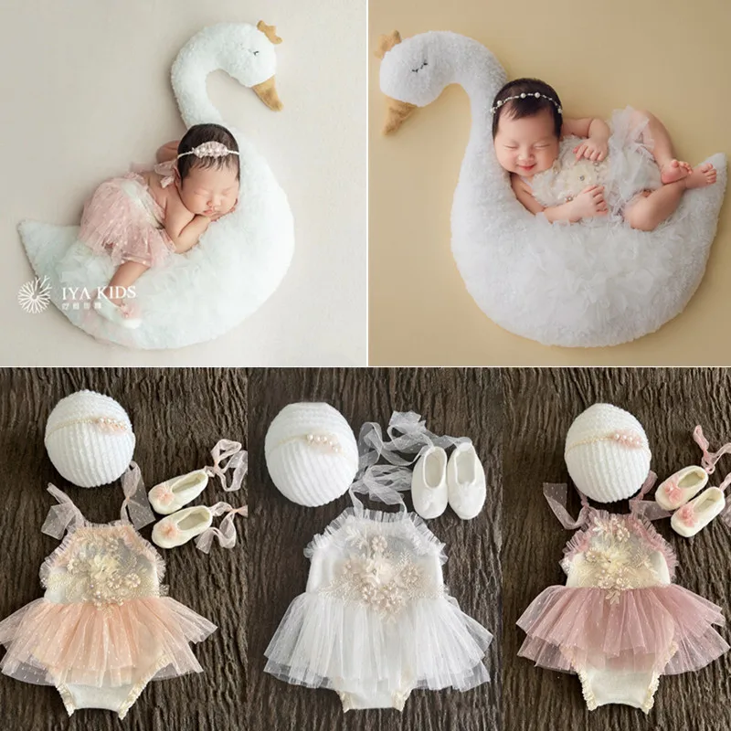 Newborn Photography Clothing Headband+Dress+Shoes Baby Girl Photo Accessories Swan Props Studio Infant Shoot Clothes Fotografia