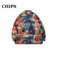 chips 2022 summer men vintage van gogh printed blouse new lapel long sleeve loose fit shirt fashion tide men shirts streetwear