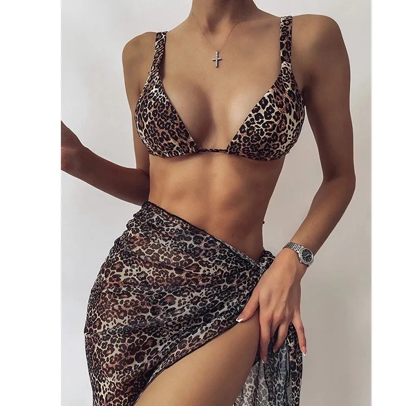

2022 New Women's Sexy Leopard Print Skirt Bikini Three Piece Swimsuit Summer Low Waist Bathing Suit Beach Women Bikini Swimwear