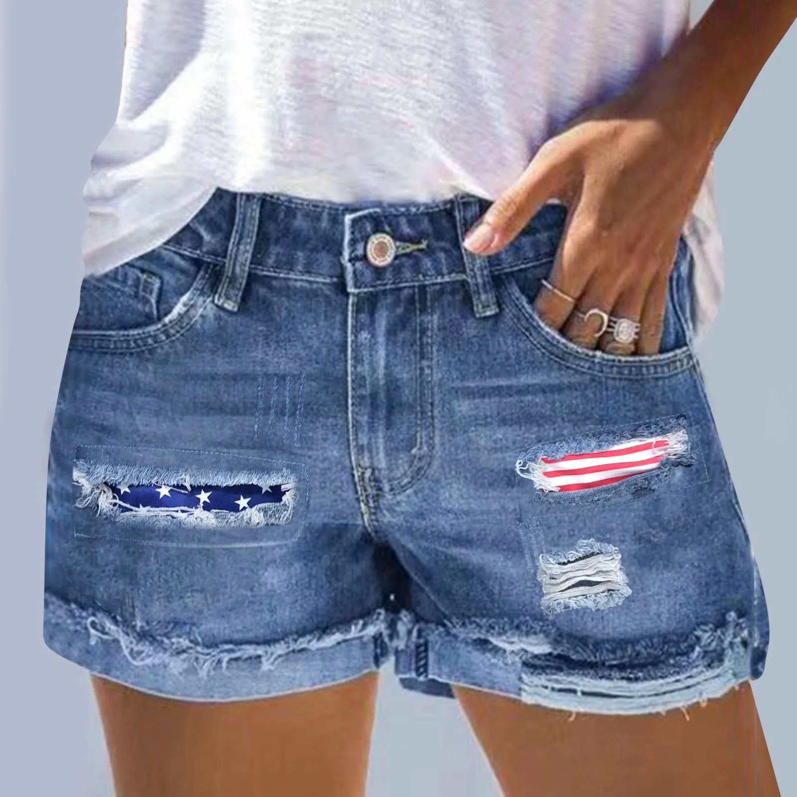 

Женские модные джинсовые шорты с принтом в виде флага, штаны с заниженной талией, женские плавки с загнутыми дырками и пуговицами, одежда