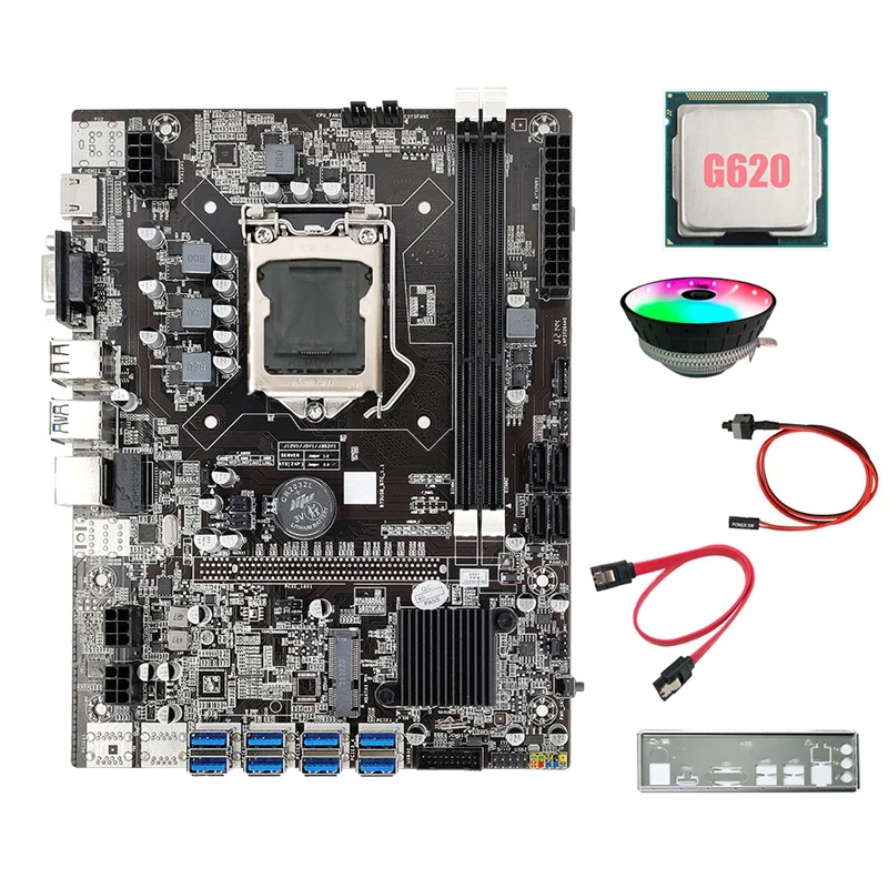 B75 8USB ETH Mining Motherboard+G620 CPU+Fan+Switch Cable+SATA Cable+Baffle LGA1155 DDR3 B75 BTC Miner Motherboard