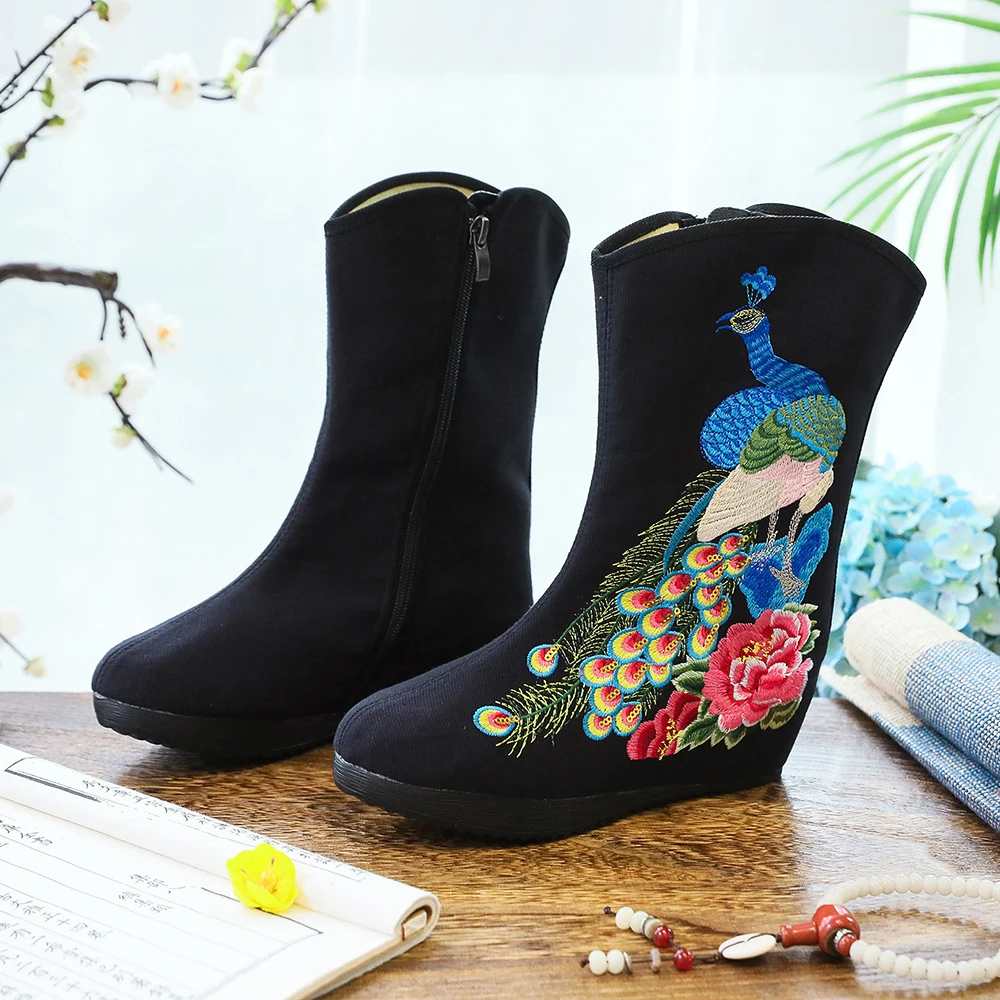 

Женские удобные осенние ботинки YRZP на платформе со скрытой танкеткой, вышитые пайетками, женские короткие ботинки из хлопчатобумажной ткан...