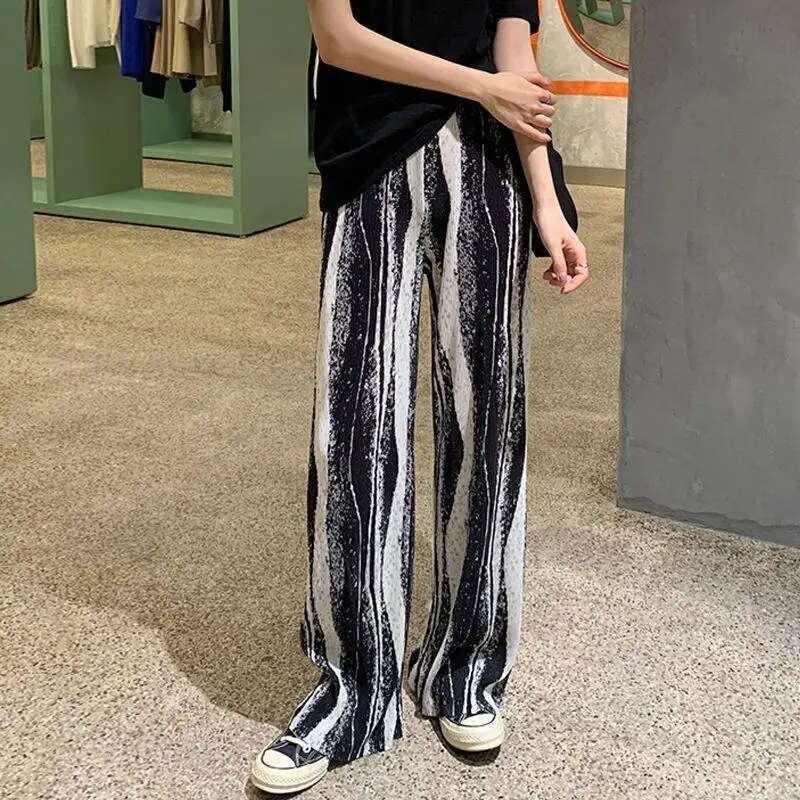 Tie-Dyed Pleated Casual Pants High Waist Thin Summer Straight Wide Leg Pants Loose Draggle-Tail Trousers