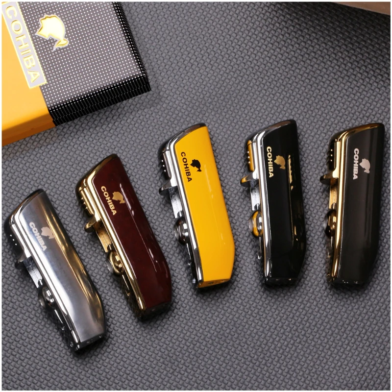 Cohiba Cigar Windproof Metal Lighter 3 Jet Blue Flame Gas Torch Butane Cut Lighter Sharp Cigar Accessory with Gift Box