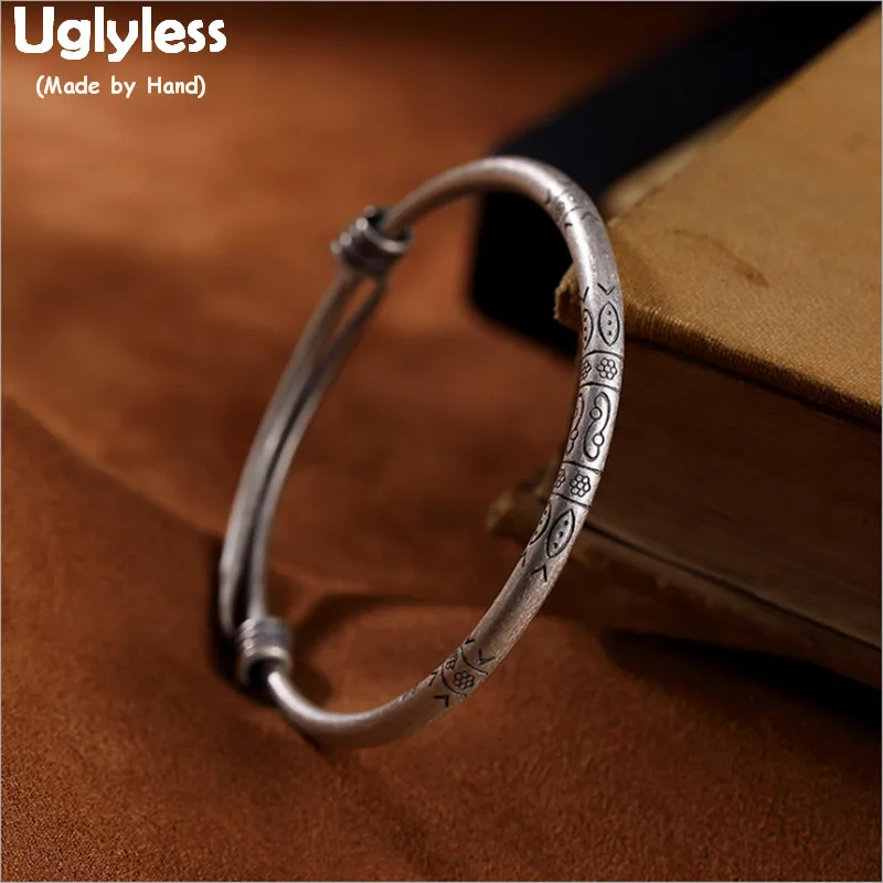 

Uglyless Real 990 Fine Silver Push-pull Adjustable Bangles for Women Totem Fishes Thai Silver Bangles Vintage Fine Jewelry BA699