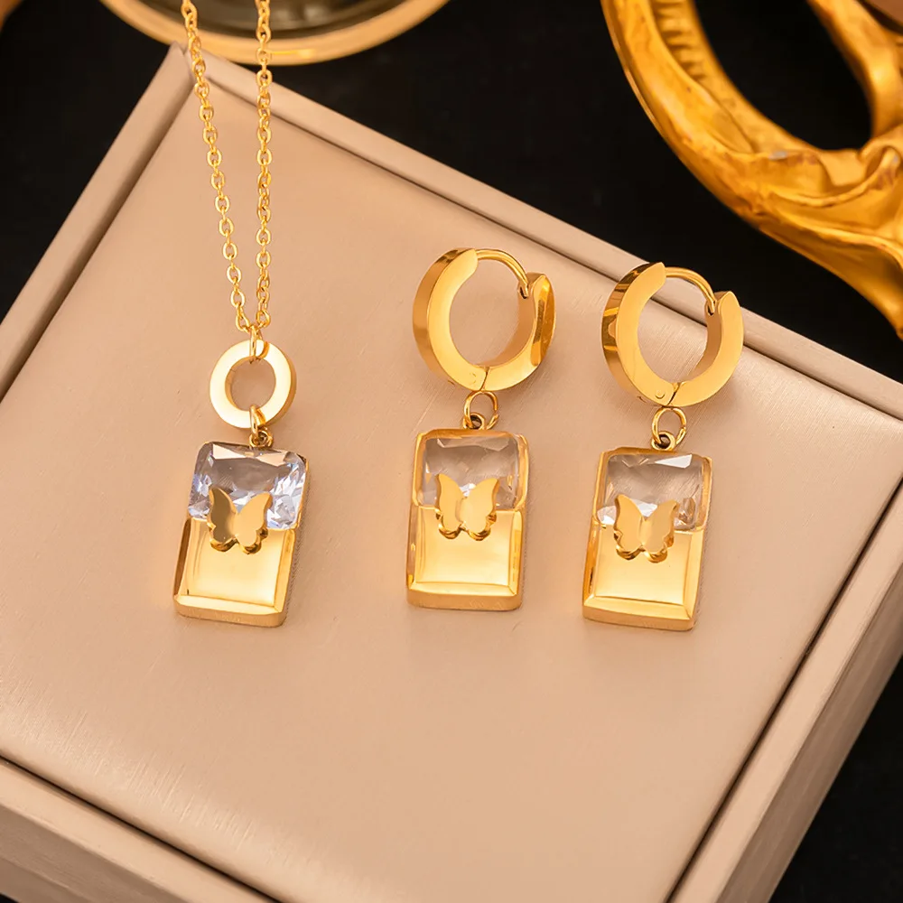

316L Stainless Steel Jewelry Set White Zircon Vintage butterfly Necklace Stud Earrings For Women New Arrival Gifts Dropshipping
