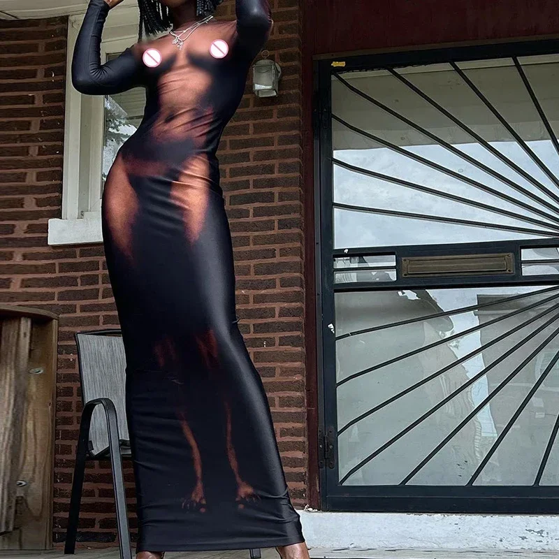 BWQ Y2K женское платье-макси с 3D-принтом длинным рукавом