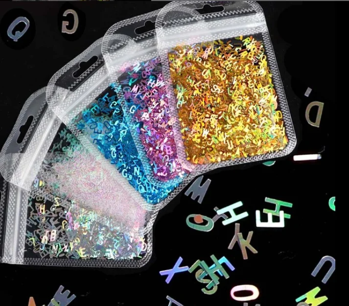 

2021 новый узор с английскими буквами и блестками, лазерные смешанные блестки в упаковке, блестки для ногтей