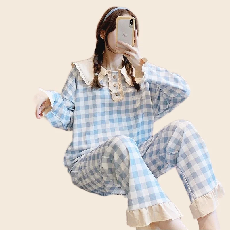 Women's Pajamas Set Full Sleeve Shirt Sexy Red Plaid Print Spring Cute Pyjama Loose Sweet Princess Homewear Cozy Sleepwear