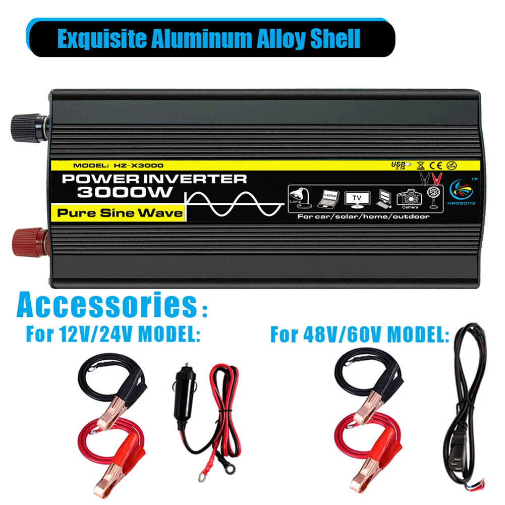 $51.19 3000W Car Power Inverter Modified Sine Wave LED Display DC 12V/24V/48V/60V To AC 220V Solar Car Transformer Convert