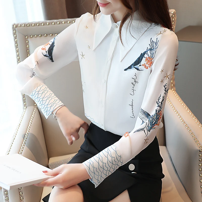 

Chiffon Blouses Spring 2022 Autumn New Women's Shirts Print Loose Chiffon Button Long-sleeved Blouses Shirts Feminine Tops 805H
