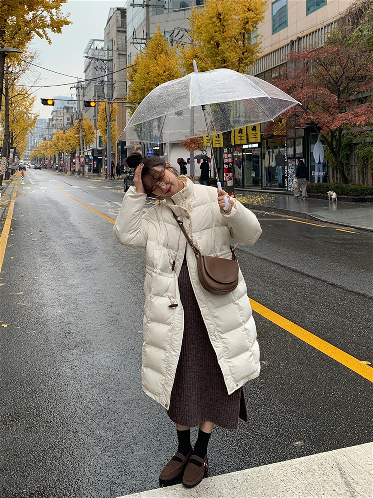 2023 New Autumn and Winter Female Commuter Korean Style Warm Cowl Button Medium and Long Cotton Coat
