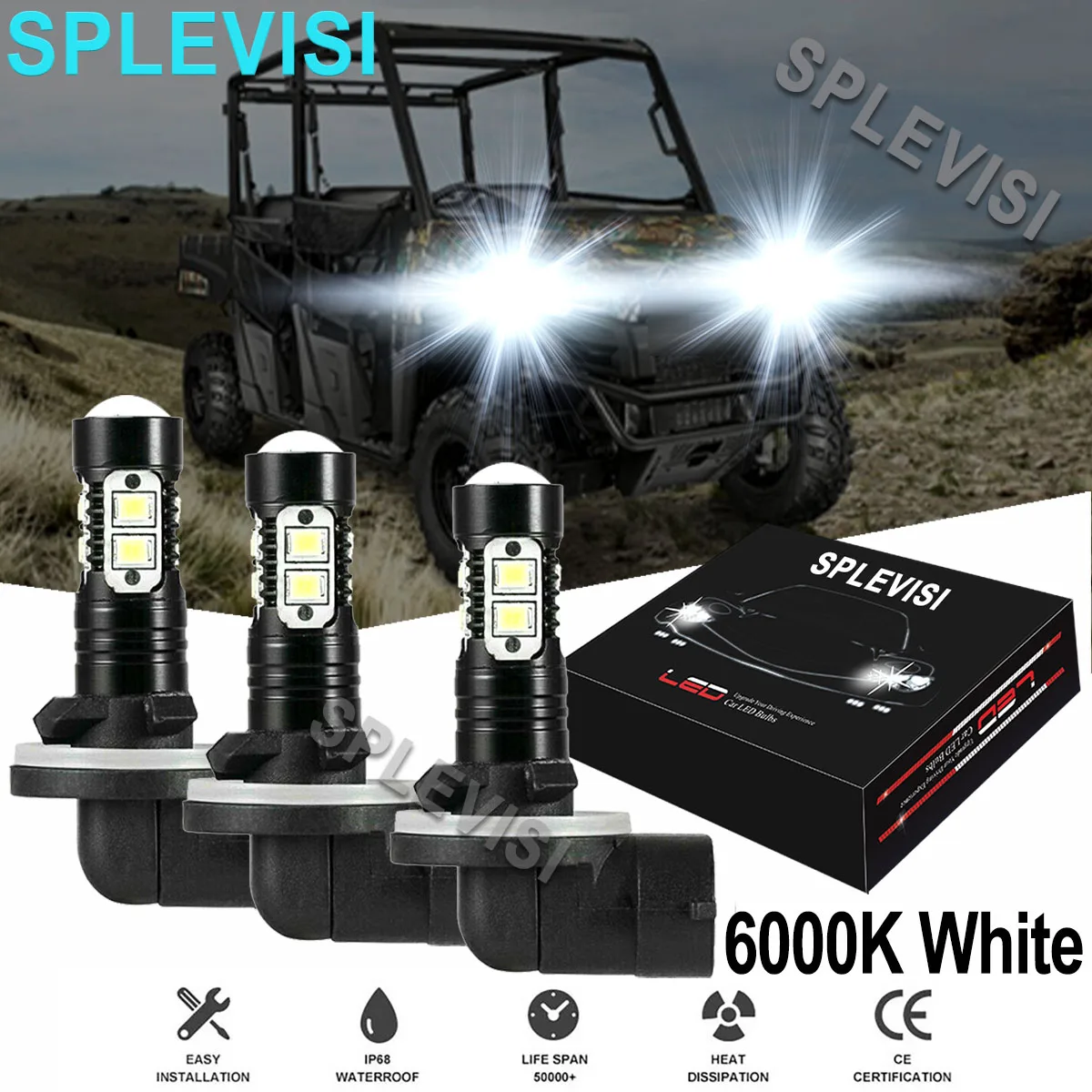 3PCS 6000K Bright White  50W LED Headlight Bulbs Kit For POLARIS RANGER400 500 570 700 800 900 & ext ev xp models 2005 2006-2018