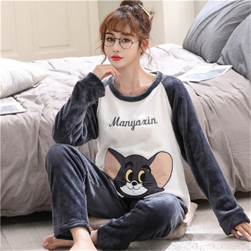 Pajamas Set Casual Sleepwear For Women Soft Cartoon Flannel Pyjama Women's Fashion Winter Warm Full Sleeve Homewear Plus Size