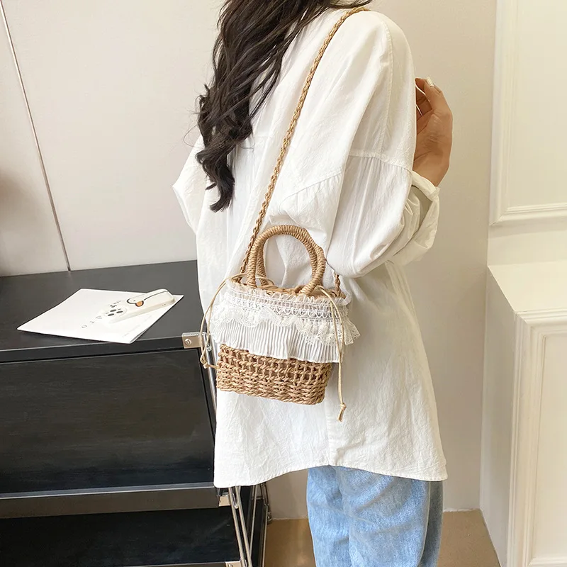 Handmade Vine Woven Little Girl 3 New Fashion Woven Portable Outdoor Picnic Vacation Beach Camera Bag