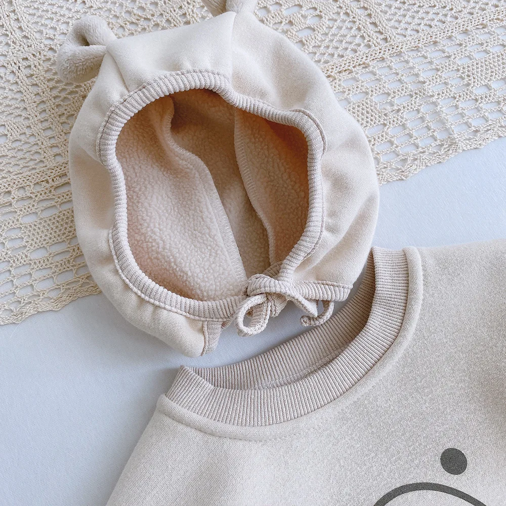 Free Hat 0-2 Year Old Baby Fleece Bear Romper Late Autumn Toddler Cartoon Triangle Romper  Kids Baby Girls Boys Jumpsuits 0-2Y