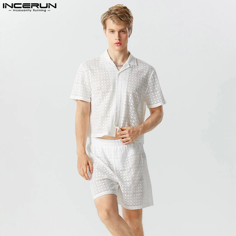 

INCERUN Men Sets Solid Transparent Lapel Short Sleeve Shirt & Shorts Two Pieces Sets Streetwear Vacation 2023 Men's Suits S-5XL