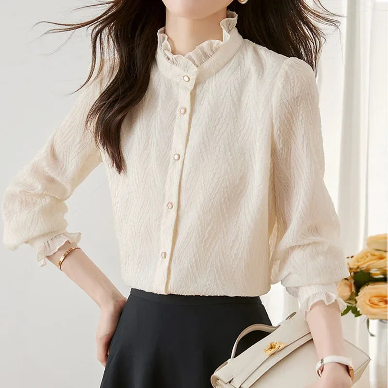 Новая женская рубашка с длинным рукавом однотонная рюшами блузка женские топы
