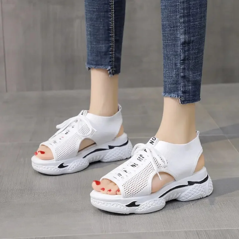 

Сандалии женские на платформе, босоножки на танкетке, без застежки, открытый носок, вязаные кроссовки, повседневная обувь, лето 2023