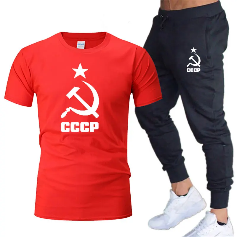 Summer Men's t shirts sets CCCP Russia Soviet printing cotton Fitness Running fashion short sleeve T shirt + jogging pants