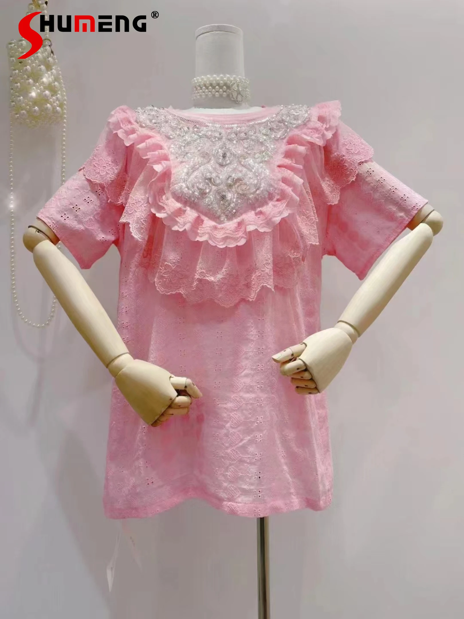 

Female 2022 Summer New Korean Style Sweet Beads Pullover T-shirt Women's Fashion Fairy Lace Stitching Loose Slimming Top Tees