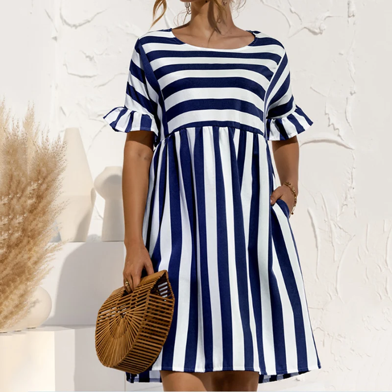 

Summer Striped Women Mini Dress Sweet A Line O-Neck Casual Loose Dresses Female Party Dress Plus Size Short Sleeve Sundress