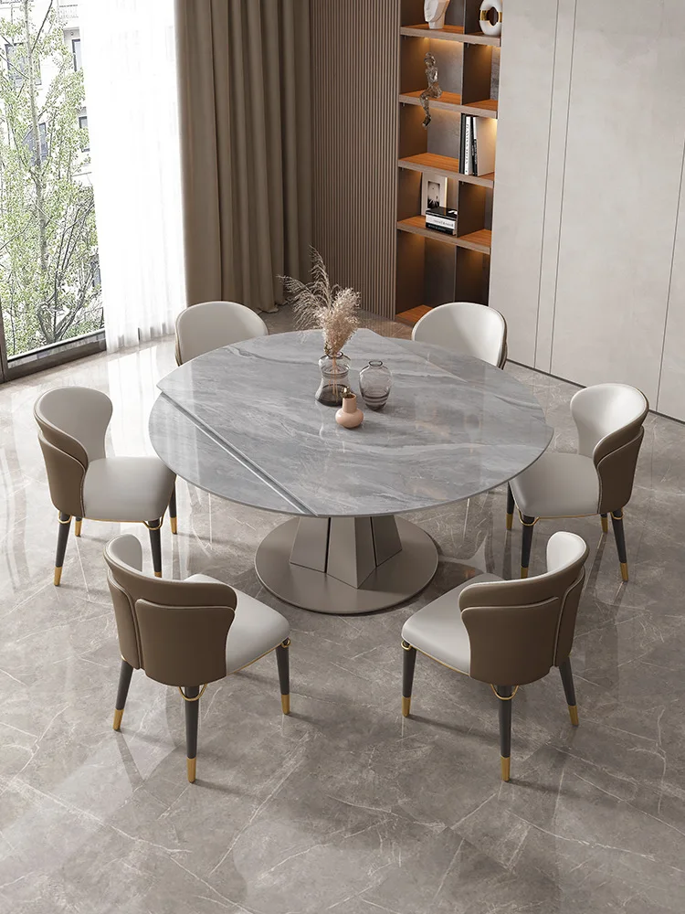 

Round rock plate dining table telescopic light luxury modern simple rotary square round dual-purpose dining table chair