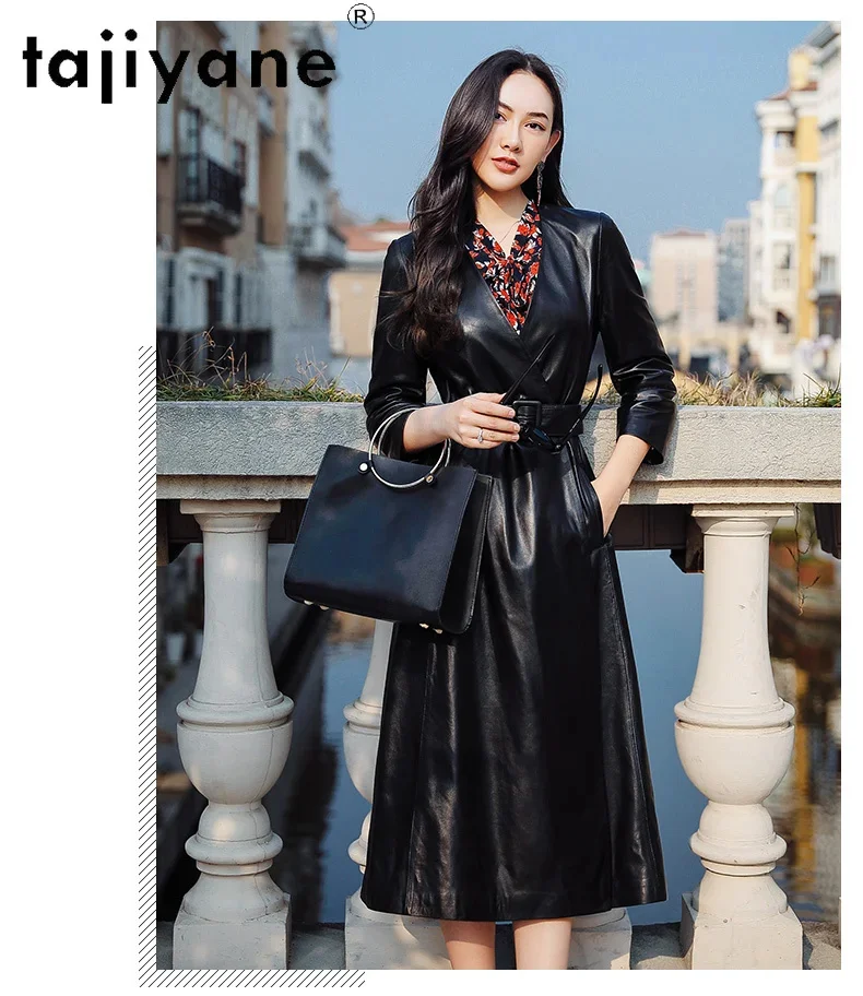 Женский Длинный тренчкот из натуральной кожи с V-образным вырезом