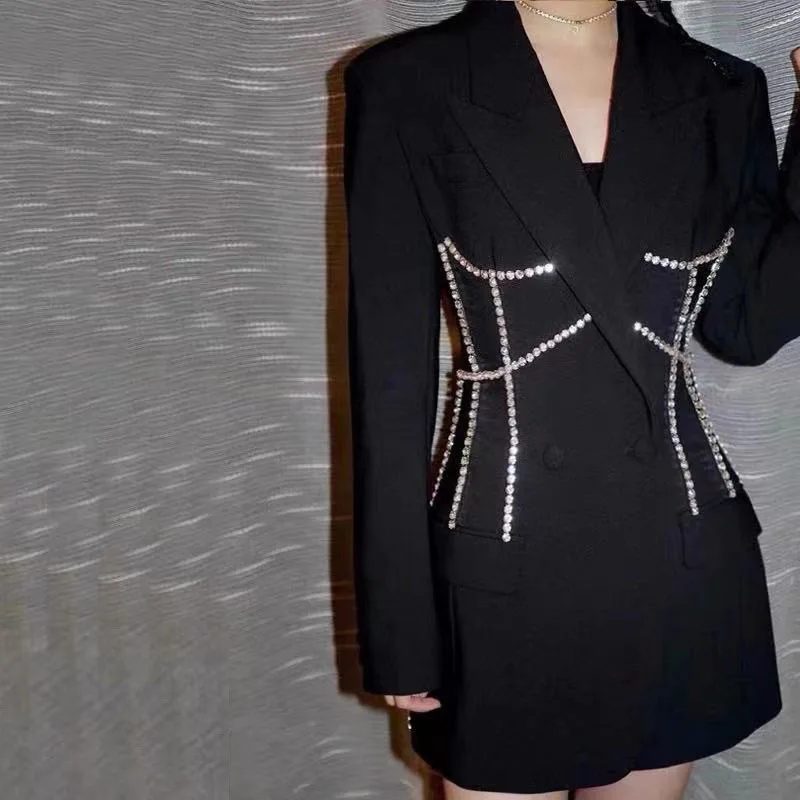 Women's Mid Length Suit Rhinestone Decorated Fashionable Waist Skimming Blazers