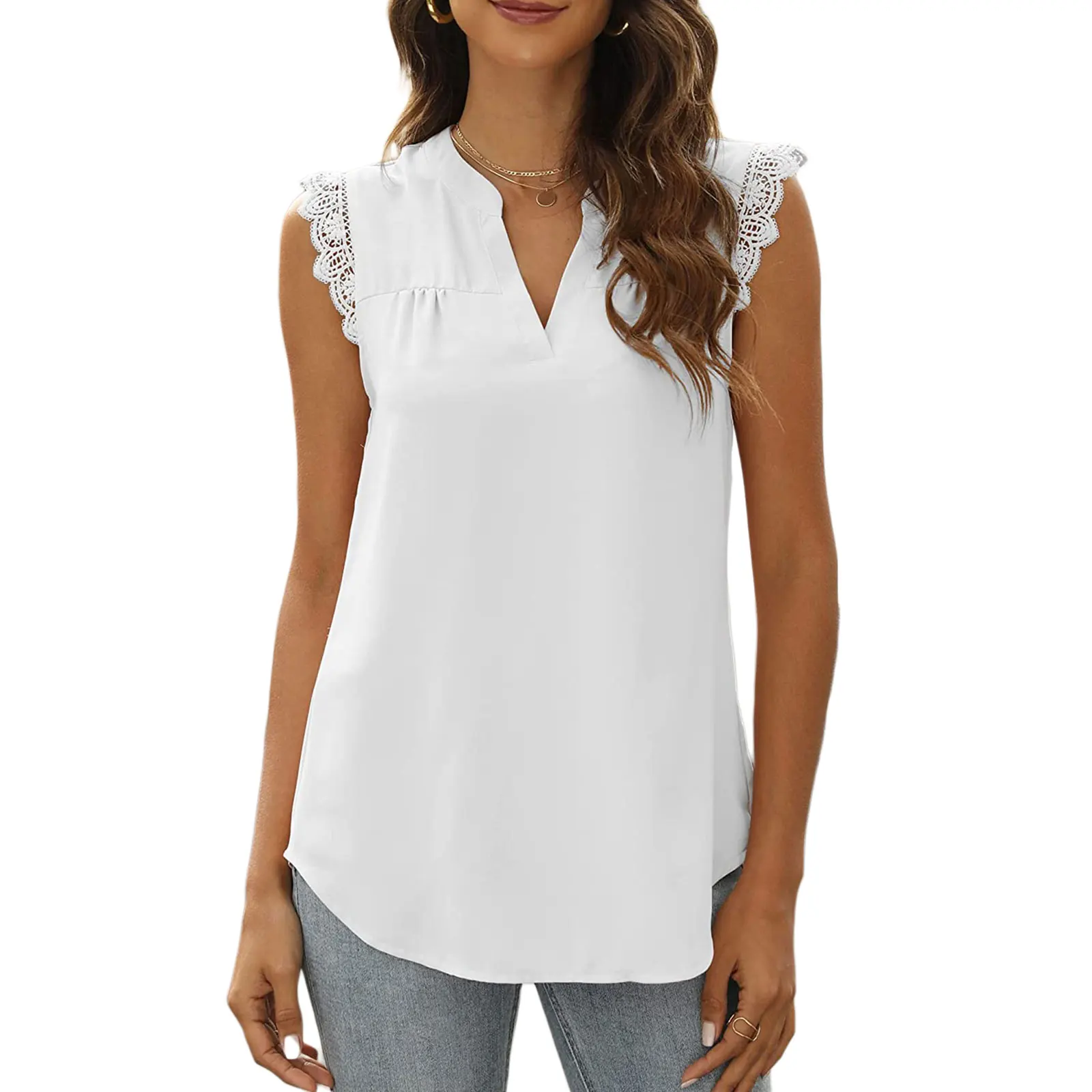 

Women Summer Tank Tops T-shirt Sleeveless Plain/Flower/Leaves V-Neck Lace Shirts Ladies Loose Casual Vest