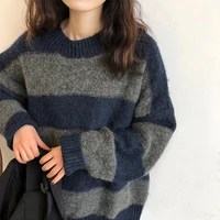 women autumn winter striped long sleeve sweater vintage knitted pullover casual sweaters streetwear loose jumper knitwear korean