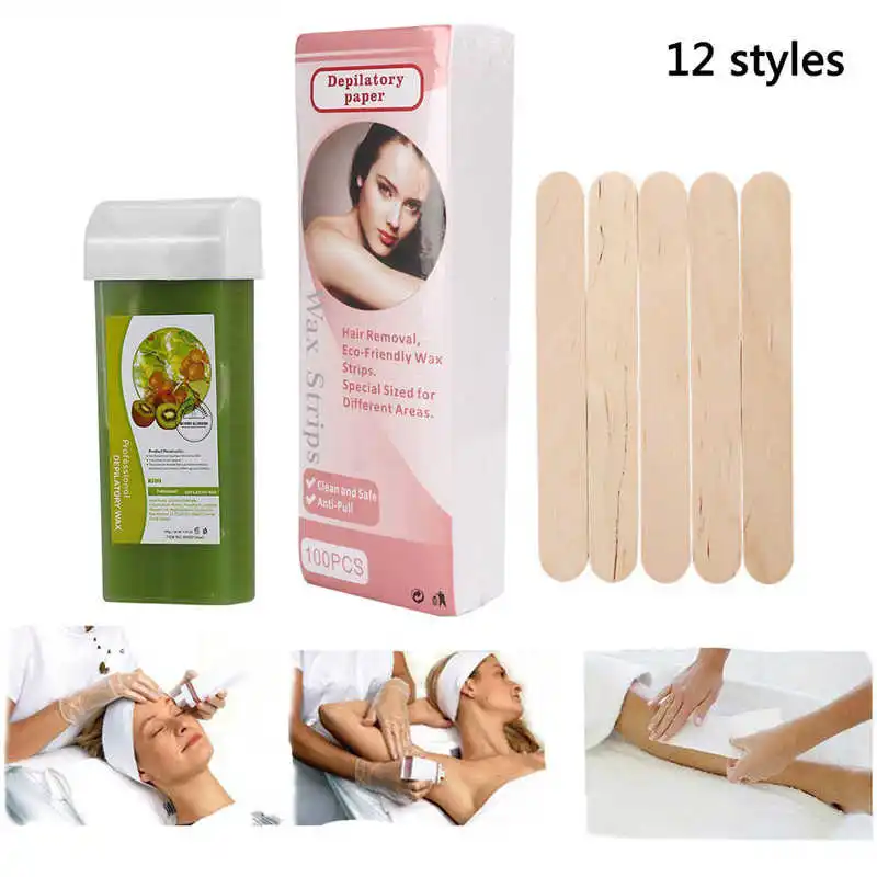 

12Types Depilatory Hair Removal Set 100g Wax + 100PCS Depilatory Paper + 5PCS Wodden Spatulas f