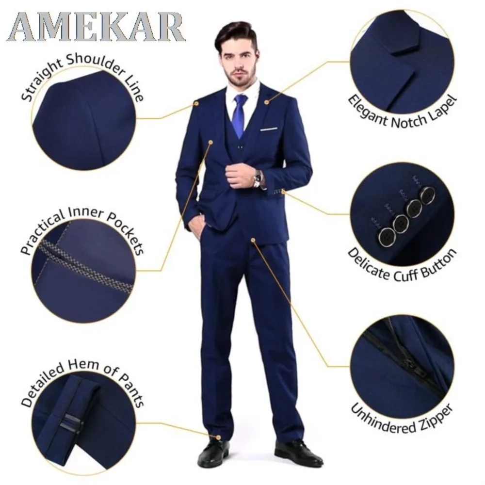 

Men's Slim Fit Wedding Suit 3 Pieces Set One Button Solid Jacket Vest Pants Formal Dress Prom Tuxedo Business Clothing For Man
