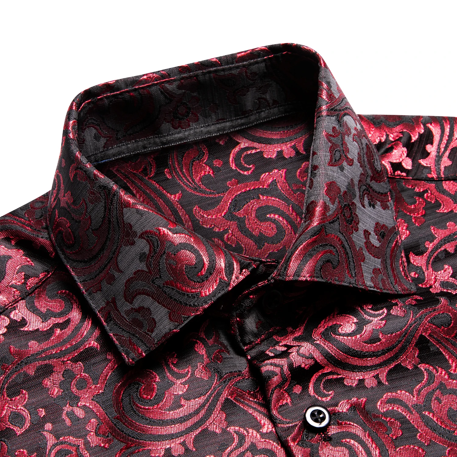 Hi-Tie Brand Silk Mens Shirts Long Sleeve Lapel Red Burgundy Paisley Floral Shirt For Male Breathable High Quality Wedding Plus