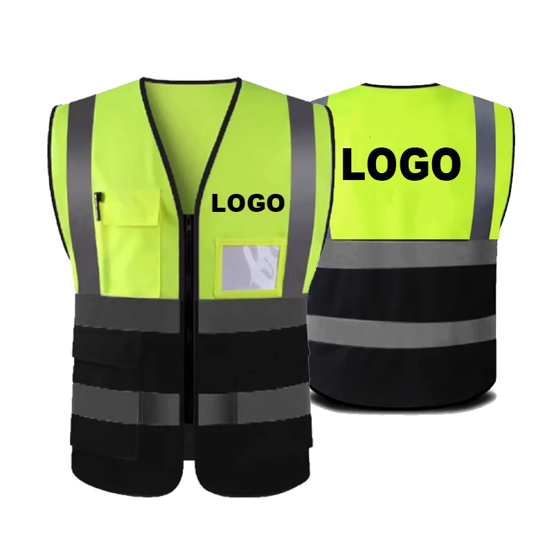 Фото M-5XL Жилет High Vis с логотипом Флуоресцентный желтый черный жилет для спецодежды Индивидуальный логотип компании и текст №1